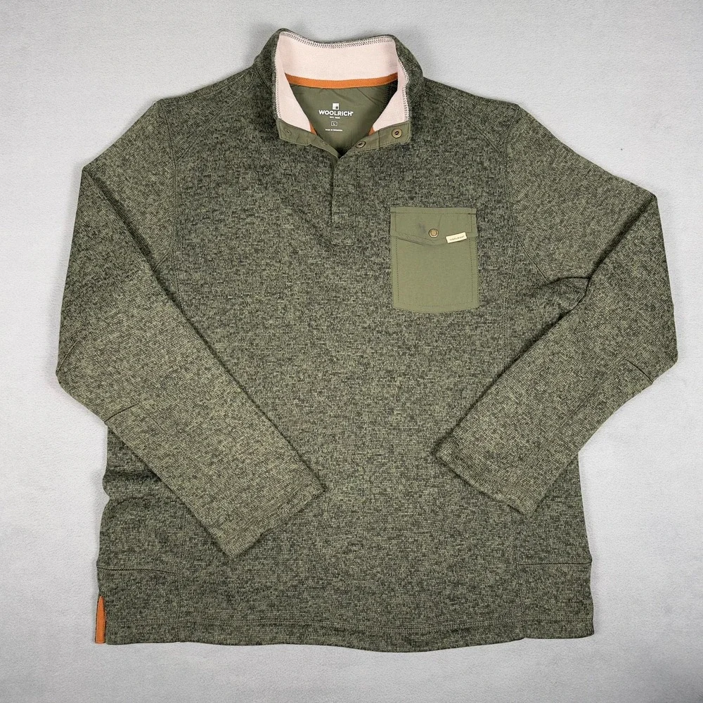 Woolrich Mens Olive Green 1/4 Snap Fleece Pullover Sweatshirt L